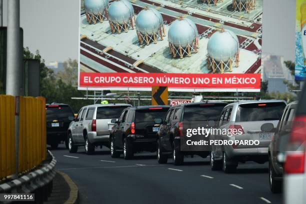 The convoy of US Secretary of State Mike Pompeo, heads to Los Pinos presidential palace, after the delegation arrival at Benito Juarez International...