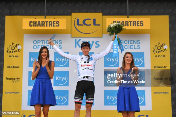 Podium / Soren Kragh Andersen of Denmark and Team Sunweb White Best Young Jersey / Celebration / during the 105th Tour de France 2018, Stage 7 a...