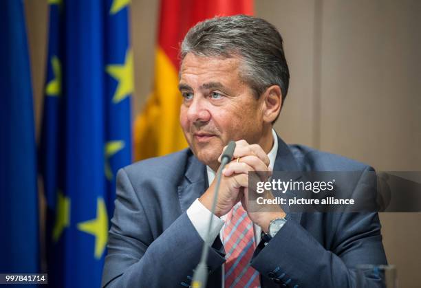 The German Foreign Minister Sigmar Gabriel speaks after signing a statement to deepen the dialogue with the Slovakian Foreign Minister Miroslav...