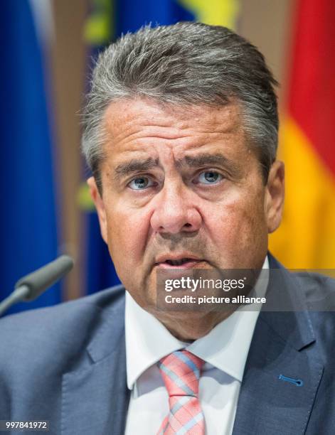 The German Foreign Minister Sigmar Gabriel speaks after signing a statement to deepen the dialogue with the Slovakian Foreign Minister Miroslav...
