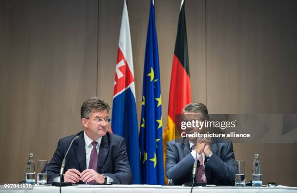 The Slovakian Foreign Minister Miroslav Lajcak and the German Foreign Minister Sigmar Gabriel are speaking after signing a statement to deepen the...