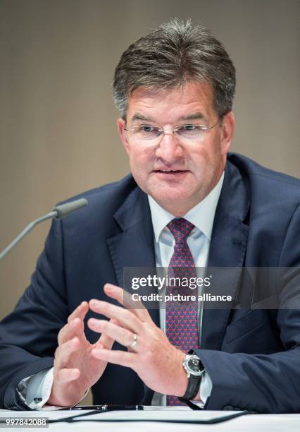 The Slovakian Foreign Minister Miroslav Lajcak speaks after signing a statement to deepen the dialogue with the German Foreign Minister Sigmar...
