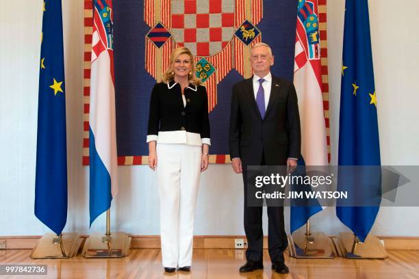 Secretary of Defence James Mattis poses with Croatian President Kolinda Grabar-Kitarovic during their meeting at the Presidential Compound in Zagreb...