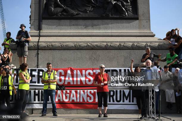 Labour Party leader Jeremy Corbyn makes a speech in Trafalgar Square at a demonstration against President Trump's visit to the UK on July 13, 2018 in...