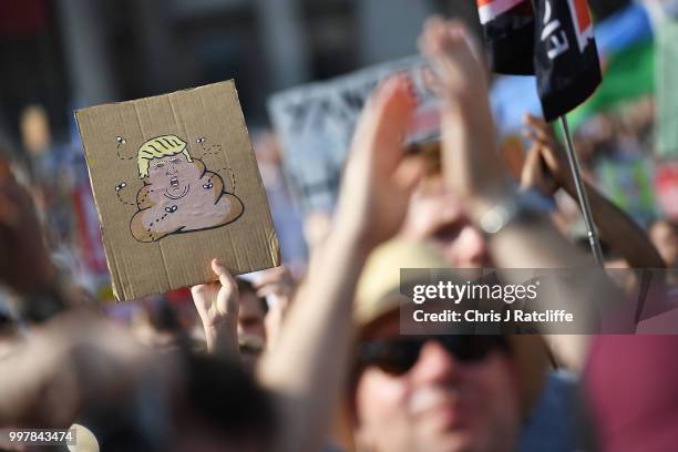 Protesters take part in a demonstration against President Trump's visit to the UK in Trafalgar Square on July 13, 2018 in London, England. Tens of...