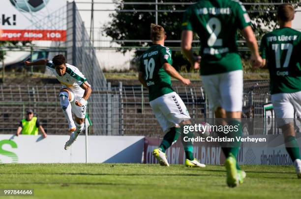 Keanan Bennetts of Borussia Moenchengladbach scores his teams first goal during the preseason friendly match between VfB Luebeck and Borussia...