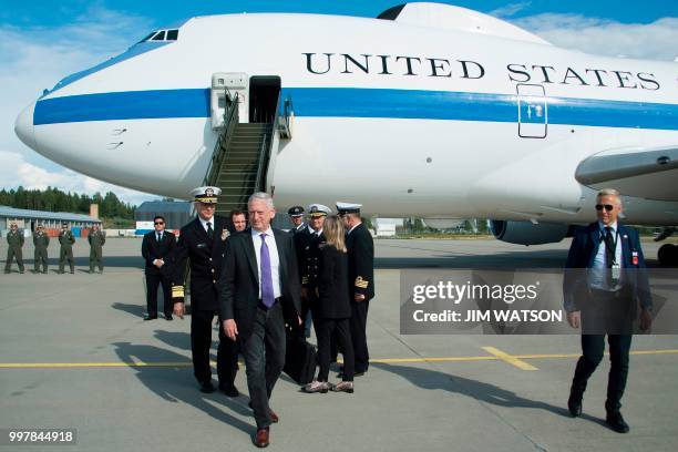 Secretary of Defense James Mattis arrives at Olso InternationaL Airport in Oslo on July 13, 2018. - Mattis travels to Oslo to attend bilateral...