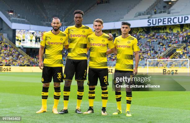 Dortmund new recruits Omer Toprak, Dan-Axel Zagadou, Maximilian Philipp and Mahmoud Dahoud introducing themselves to the fans at the stadium during...