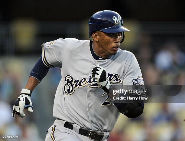 Alcides Escobar of the Milwaukee Brewers runs to first on a hit against the Los Angeles Dodgers at Dodger Stadium on May 5, 2010 in Los Angeles,...