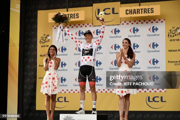 Latvia's Toms Skujins, wearing the best climber's polka dot jersey, celebrates on the podium after the seventh stage of the 105th edition of the Tour...