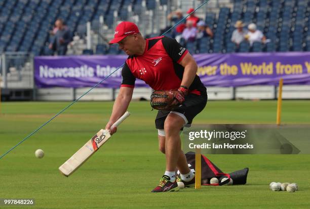 Durham head coach John Lewis warms up the players during the Vitality Blast match between Durham Jets and Yorkshire Vikings at the Emirates Riverside...