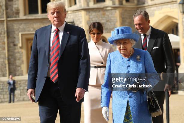 Queen Elizabeth II, President of the United States, Donald Trump and First Lady, Melania Trump walk from the Quadrangle after inspecting an honour...
