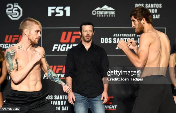 Opponents Justin Scoggins and Said Nurmagomedov of Russia face off during the UFC Fight Night weigh-in at The Grove Hotel on July 13, 2018 in Boise,...