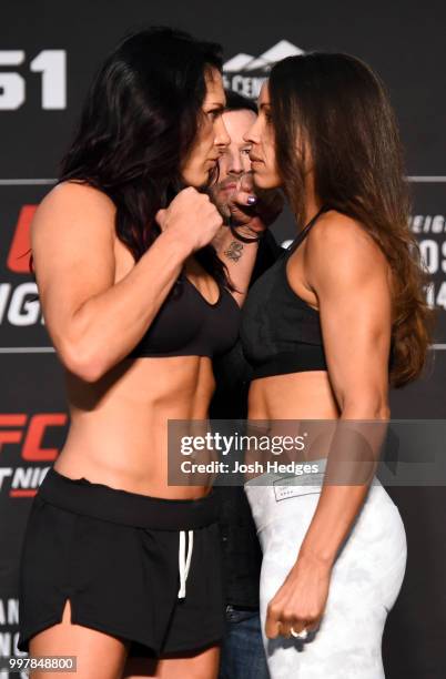 Opponents Cat Zingano and Marion Reneau face off during the UFC Fight Night weigh-in at The Grove Hotel on July 13, 2018 in Boise, Idaho.