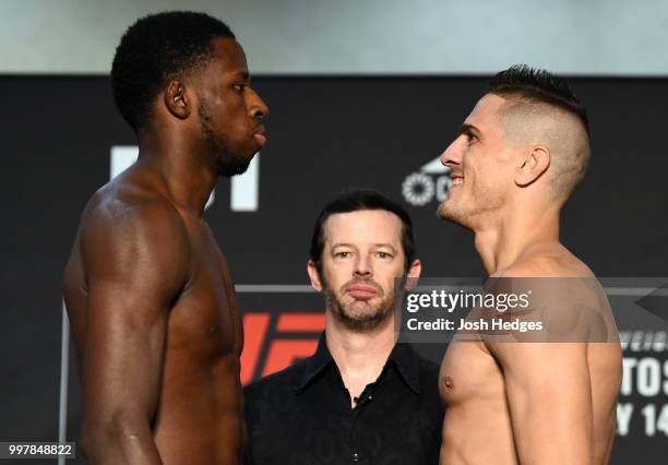 Opponents Randy Brown of Jamaica and Niko Price face off during the UFC Fight Night weigh-in at The Grove Hotel on July 13, 2018 in Boise, Idaho.