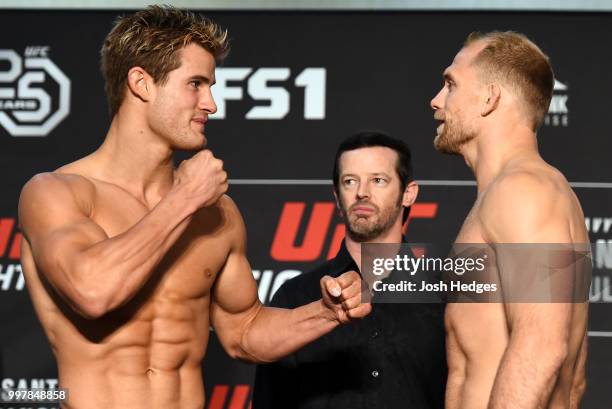 Opponents Sage Northcutt and Zak Ottow face off during the UFC Fight Night weigh-in at The Grove Hotel on July 13, 2018 in Boise, Idaho.