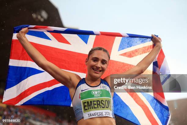 Niamh Emerson of Great Britain celebrates winning gold in the women's heptathlon on day five of The IAAF World U20 Championships on July 13, 2018 in...