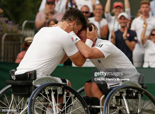 July 13: Alfie Hewett and Gordon Reid of Great Britain celebrate after winning the mens doubles wheelchair semi final against Gustavo Fernandez of...