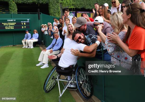 July 13: Gordon Reid of Great Britain celebrates with fans after winning the mens doubles wheelchair semi final against Gustavo Fernandez of...