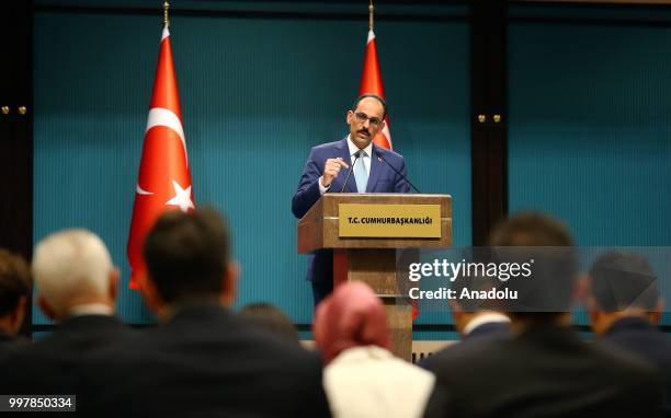 Turkish Presidential Spokesman Ibrahim Kalin gives a press conference at Presidential Complex in Ankara, Turkey on July 13, 2018 meanwhile Turkish...