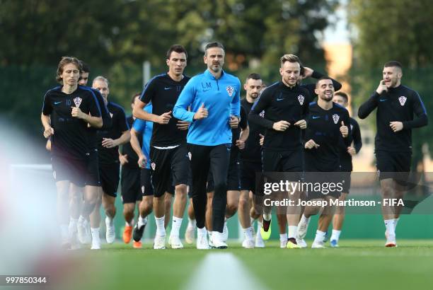 Players warm up during a Croatia training session during the 2018 FIFA World Cup at Luzhniki Training Field on July 13, 2018 in Moscow, Russia.