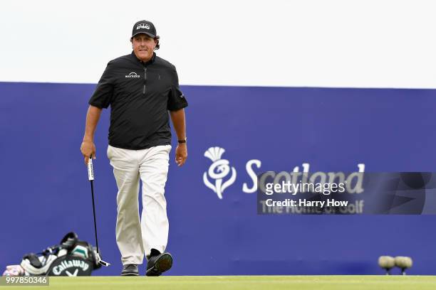 Phil Mickelson of USA reacts to his putt on hole eighteen during day two of the Aberdeen Standard Investments Scottish Open at Gullane Golf Course on...