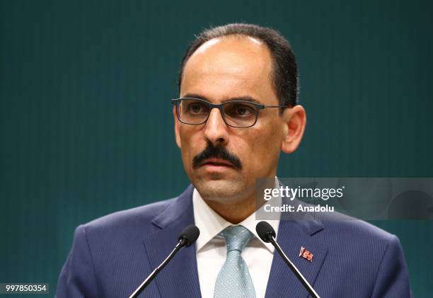Turkish Presidential Spokesman Ibrahim Kalin gives a press conference at Presidential Complex in Ankara, Turkey on July 13, 2018 meanwhile Turkish...