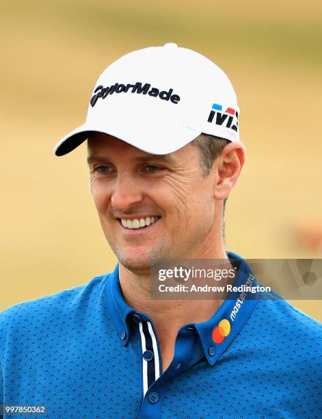 Justin Rose of England looks on, on hole eighteen during day two of the Aberdeen Standard Investments Scottish Open at Gullane Golf Course on July...