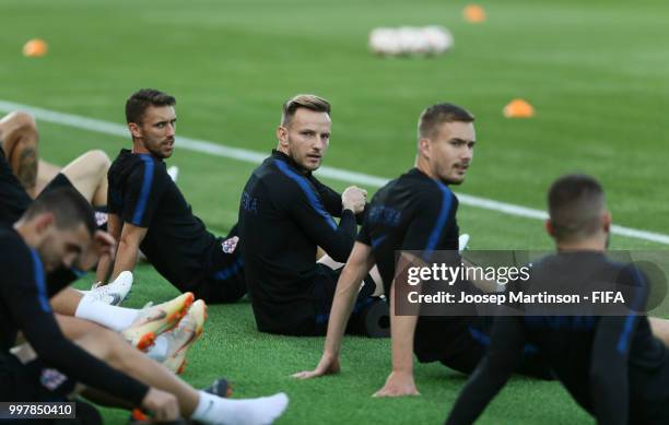 Ivan Rakitic of Croatia looks on with team mates during a Croatia training session during the 2018 FIFA World Cup at Luzhniki Training Field on July...