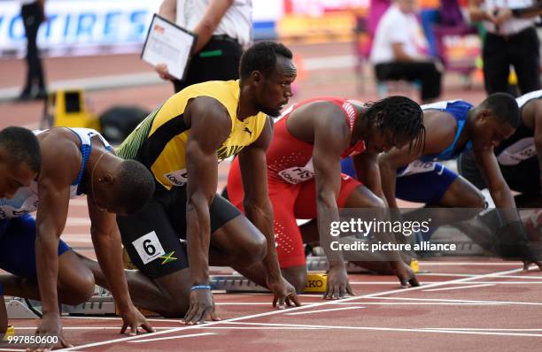 France's Jimmy Vicaut , Britain's Chijindu Ujah, Jamaica's Usain Bolt, Bahrain's Andrew Fisher and Christian Coleman from the US in the starting...