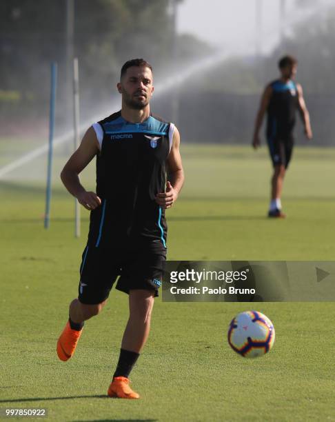 Riza Durmisi in action during the SS Lazio training session on July 13, 2018 in Rome, Italy.
