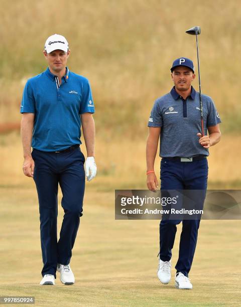 Justin Rose of England and Rickie Fowler of USA walk on hole eighteen during day two of the Aberdeen Standard Investments Scottish Open at Gullane...