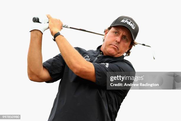 Phil Mickelson of USA takes his second shot on hole eighteen during day two of the Aberdeen Standard Investments Scottish Open at Gullane Golf Course...