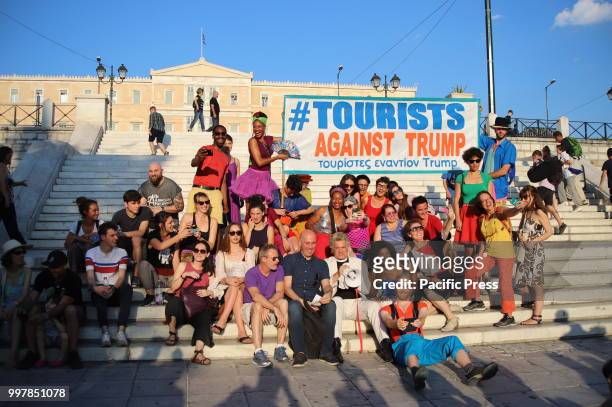 Reverend Billy together with the Stop Shopping Choir performed in Syntagma Square as part of the 'Tourists Against Trump' act.