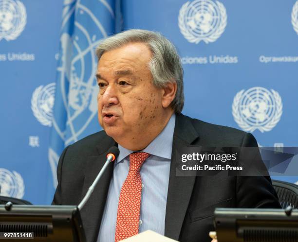 United Nations Secretary-General Antonio Guterres conducts press briefing at UN Headquarters.