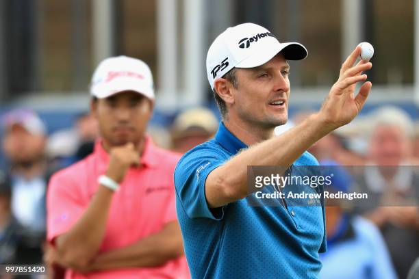 Justin Rose of England waves to the crowd after his birdie on hole eighteen during day two of the Aberdeen Standard Investments Scottish Open at...