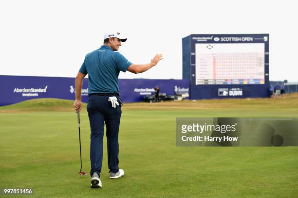 Justin Rose of England reacts after his birdie on hole eighteen during day two of the Aberdeen Standard Investments Scottish Open at Gullane Golf...