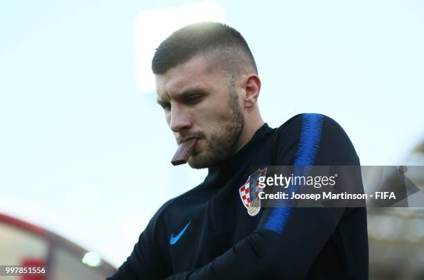 Ante Rebic of Croatia looks on during a Croatia training session during the 2018 FIFA World Cup at Luzhniki Training Field on July 13, 2018 in...