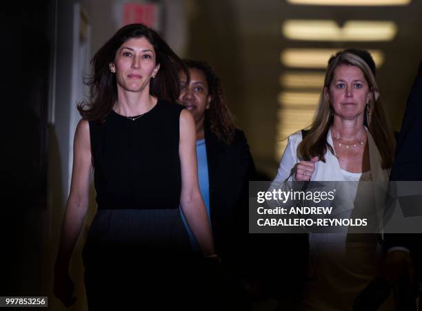 Lisa Page, former legal counsel to former FBI Director Andrew Mc Cabe, arrives on Capitol Hill July 13, 2018 to provide closed-door testimony about...