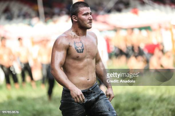 Wrestler is seen on the first day of the 657th annual Kirkpinar Oil Wrestling Festival in Sarayici near Edirne, Turkey on July 13, 2018.