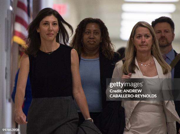 Lisa Page, former legal counsel to former FBI Director Andrew Mc Cabe, arrives on Capitol Hill July 13, 2018 to provide closed-door testimony about...
