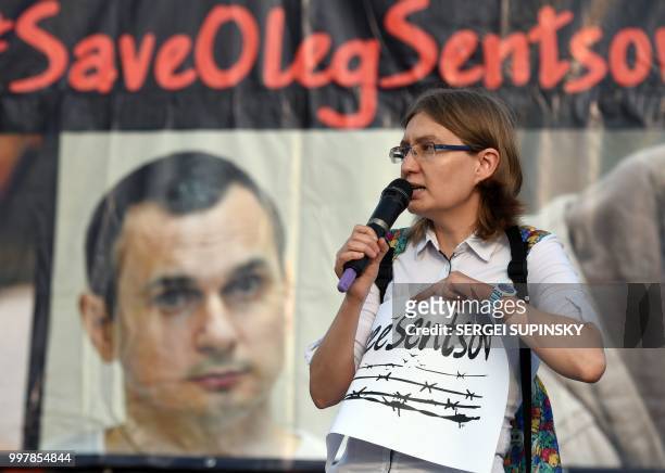 Natalya Kaplan, sister of Oleg Sentsov, speaks during rally at Independence Square in the Ukrainian capital of Kiev marking Oleg Sentsov's birthday...