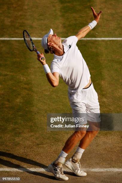 Kevin Anderson of South Africa returns against John Isner of The United States during their Men's Singles semi-final match on day eleven of the...