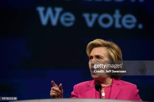 Former Secretary of State Hillary Clinton speaks to the audience at the annual convention of the American Federation of Teachers Friday, July 13,...