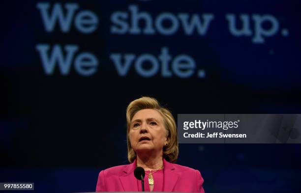 Former Secretary of State Hillary Clinton speaks to the audience at the annual convention of the American Federation of Teachers Friday, July 13,...