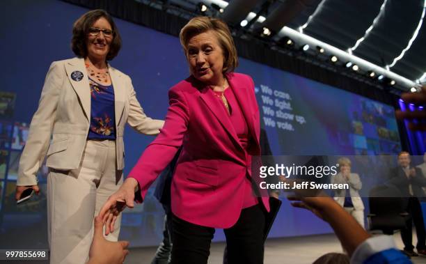 Former Secretary of State Hillary Clinton greets supporters after speaking at the annual convention of the American Federation of Teachers Friday,...