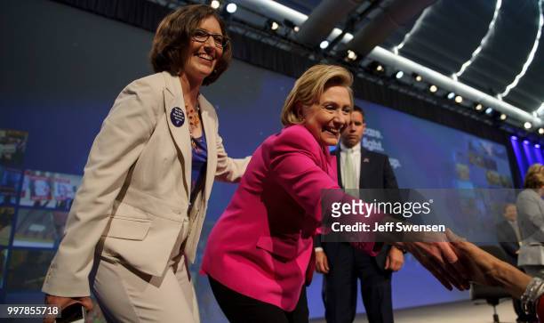 Former Secretary of State Hillary Clinton greets supporters after speaking at the annual convention of the American Federation of Teachers Friday,...