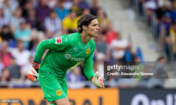 Goal keeper Marwin Hitz of Borussia Dortmund in action during a friendly match against Austria Wien at the Generali Arena on July 13, 2018 in Vienna,...