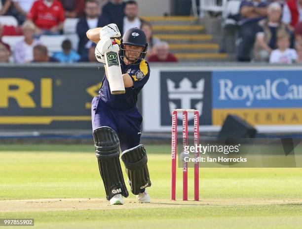 Adam Lyth of Yorkshire during the Vitality Blast match between Durham Jets and Yorkshire Vikings at the Emirates Riverside on July 13, 2018 in...