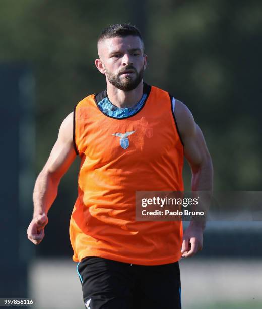 Valon Berisha in action during the SS Lazio training session on July 13, 2018 in Rome, Italy.